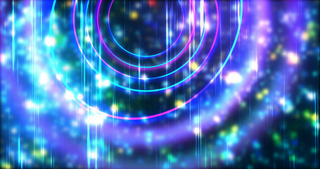Technology circles moving with speed line in backdrop, NEON Retro Style BG. Radial futuristic development concept global network link concept. Ultraviolet stripes moving vibrant rings in space.