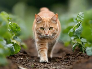 A curious ginger cat walks through a garden, surrounded by vibrant green plants, showcasing its attentive gaze and playful demeanor.