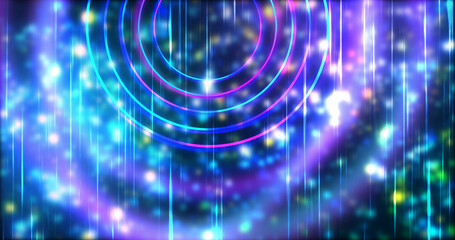 Technology circles moving with speed line in backdrop, NEON Retro Style BG. Radial futuristic development concept global network link concept. Ultraviolet stripes moving vibrant rings in space.