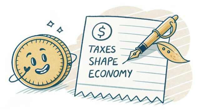 Illustrated character holding a coin beside a document about taxes that shape the economy with a pen and leaf symbolizing finance