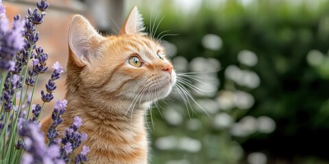 A curious orange cat gazes upward, surrounded by lavender flowers, with a blurred green background creating a serene atmosphere.