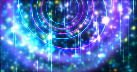 Technology circles moving with speed line in backdrop, NEON Retro Style BG. Radial futuristic development concept global network link concept. Ultraviolet stripes moving vibrant rings in space.