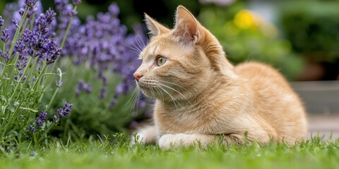 A ginger cat lies gracefully in a garden surrounded by vibrant lavender flowers, creating a serene and peaceful atmosphere.