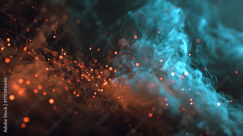 Poster abstract background of orange and blue smoke with glowing particles creating a dynamic and ethereal 