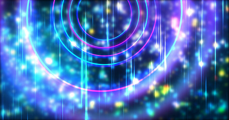 Technology circles moving with speed line in backdrop, NEON Retro Style BG. Radial futuristic development concept global network link concept. Ultraviolet stripes moving vibrant rings in space.