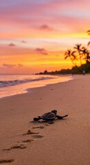 Obraz premium Newborn Turtle's Journey: Witness the epic crawl of a newborn turtle towards the ocean, set against a breathtaking sunset, showcasing nature's tender moments. 