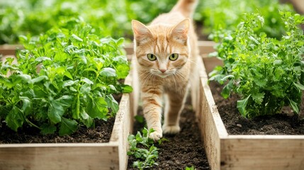 A curious orange cat walks through vibrant green plants in wooden garden boxes, exploring its lush surroundings.