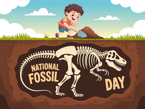 Celebrate national fossil day with a boy digging up a dinosaur skeleton - Powered by Adobe