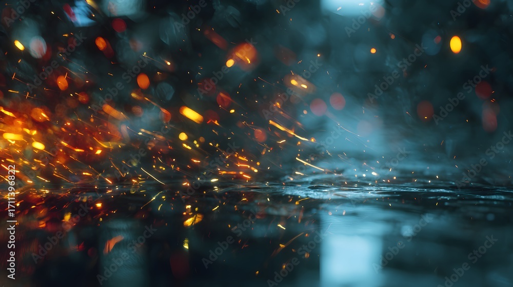 Poster sparks fly and reflect off a wet surface, creating a dynamic and abstract display of light