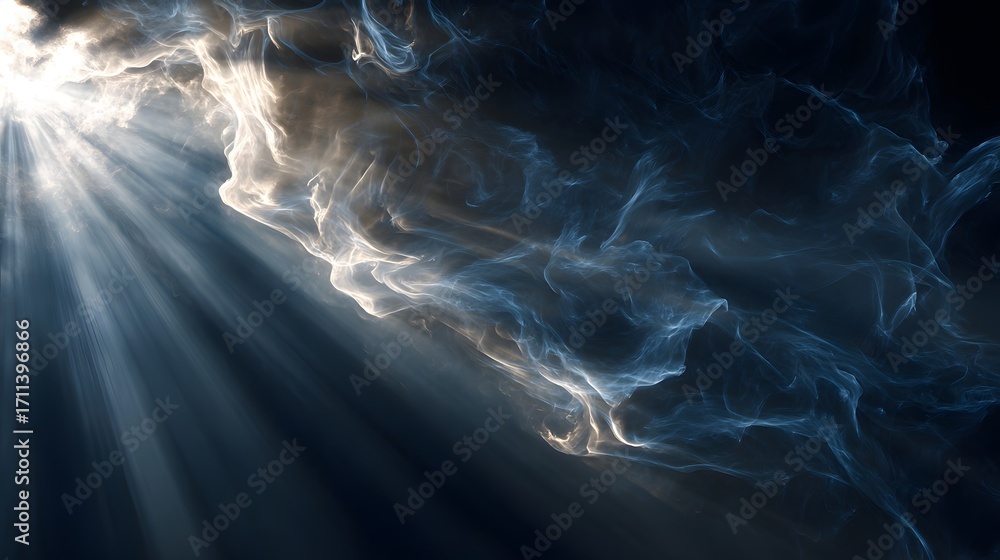 Poster dramatic light rays shining through dark clouds creating a heavenly and ethereal atmosphere in blue 