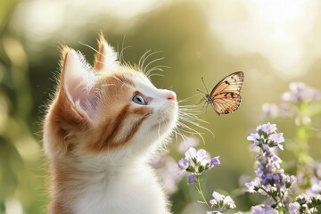 A curious kitten gazes at a delicate butterfly amidst blooming flowers, capturing a moment of nature's beauty and innocence.