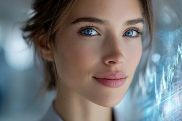 Confident caucasian female professional analyzing data with digital graph in background