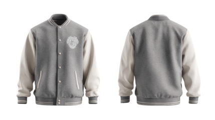 Gray and cream varsity jacket front and back view isolated on transparent background