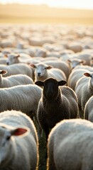 Obraz premium Black Sheep in the Flock: A close-up shot of a flock of sheep, with one black sheep standing out against the white. A visual metaphor of individuality and uniqueness in a field of animals. 