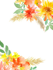 Hand painted abstract watercolor floral transparent background for wedding invitation, banner, SNS and post card. PNG file. Autumn botanical card template.