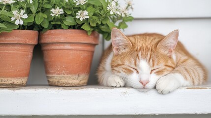 A sleepy orange cat rests beside flower pots on a white ledge, creating a tranquil and cozy scene.