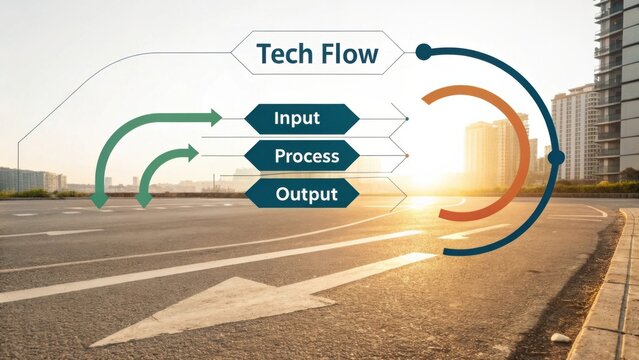Graphic representation of tech flow showing input, process, and output with a modern cityscape and sunset backdrop