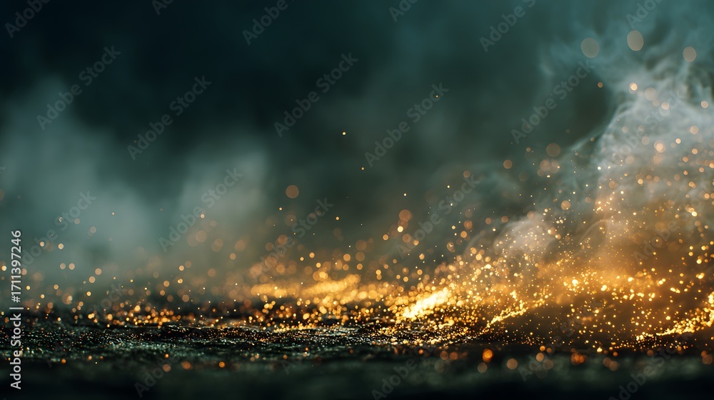 Poster abstract dark background with golden sparks and smoke, creating a mysterious and captivating atmosph