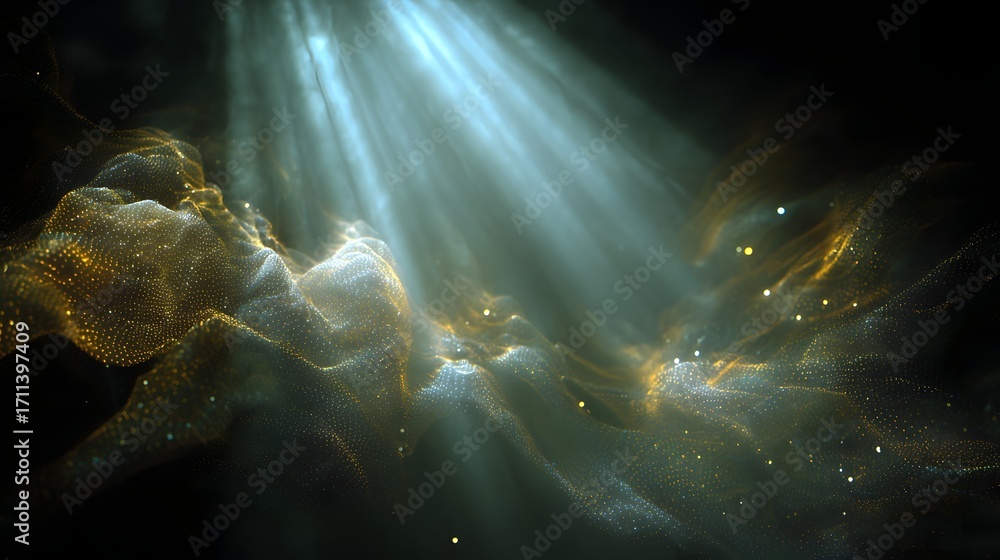Poster abstract light beam shining through golden dust clouds, creating a divine and ethereal atmosphere