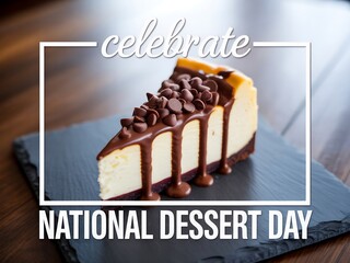 Slice of cheesecake with chocolate topping for national dessert day celebration