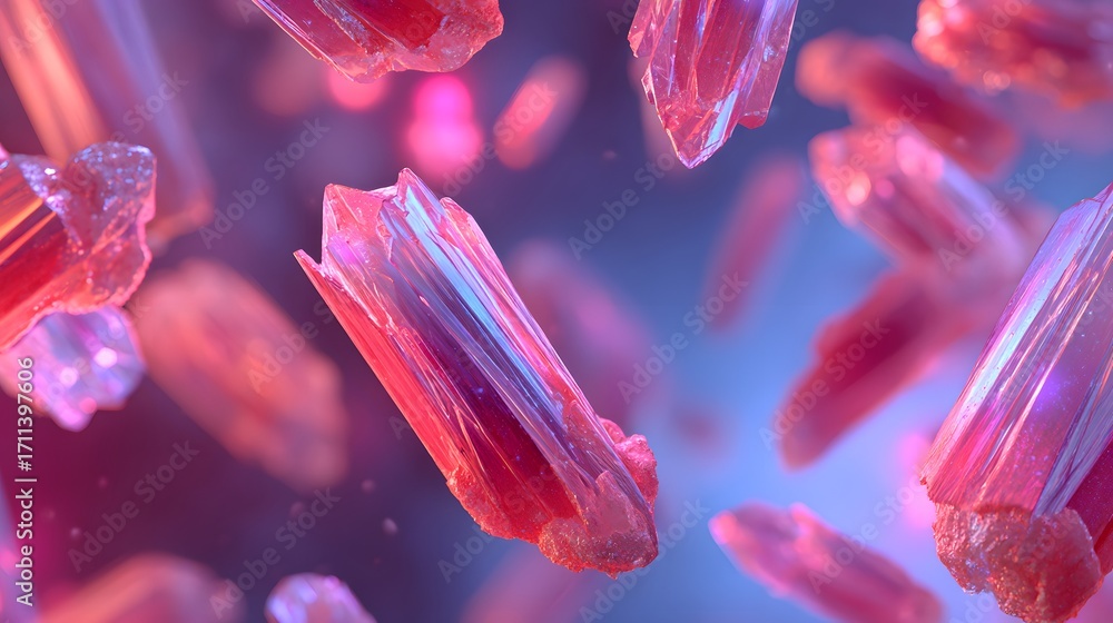 Poster macro shot of translucent red crystals with internal blue reflections, creating a mesmerizing abstra