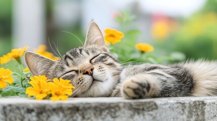 A peaceful cat sleeps among vibrant yellow flowers, embodying tranquility and the beauty of nature.