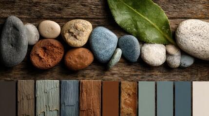 Smooth stones and leaf on rustic wood