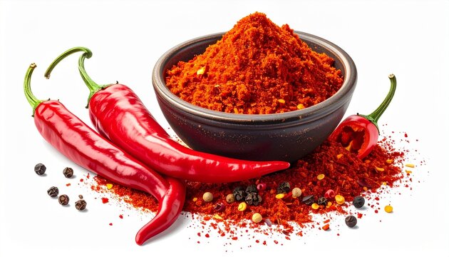 &ldquo;Isolated red chili peppers and ground chili powder with peppercorns, vibrant and detailed render on white and transparent background,