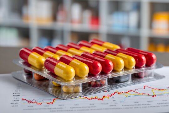 Blister packs of red and yellow capsules on economic graph in pharmacy - Powered by Adobe