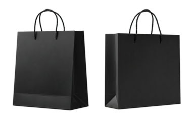 Two black paper shopping bags, front and side views