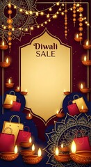 Shop Diwali deals with festive lights, shopping bags, and oil lamps for a vibrant celebration