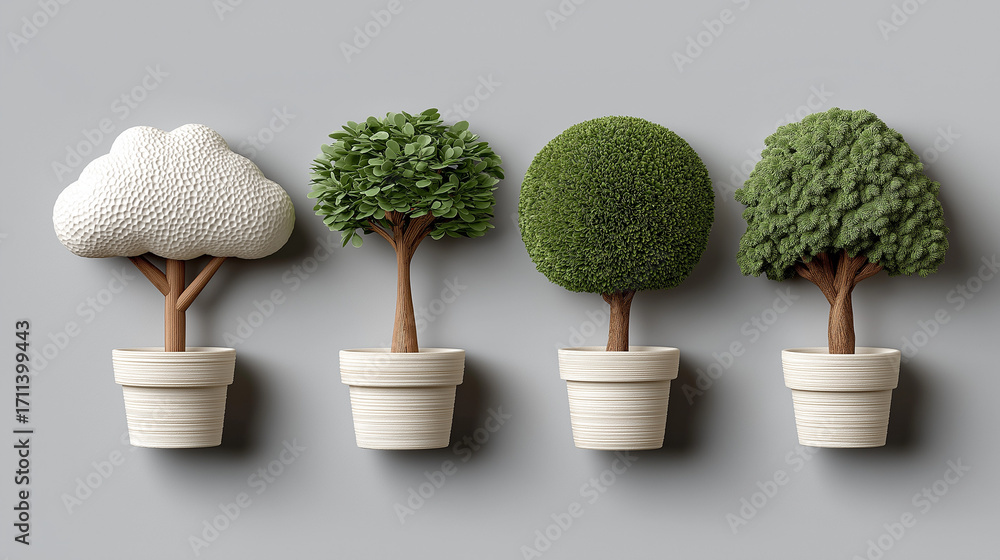 Poster artistic tree collection: four meticulously crafted, miniature trees in a row, each in a simple pot,