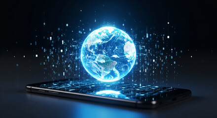 A glowing digital projection of the Earth hovers over a smartphone screen, illustrating global connectivity and future mobile technology perfect for communication