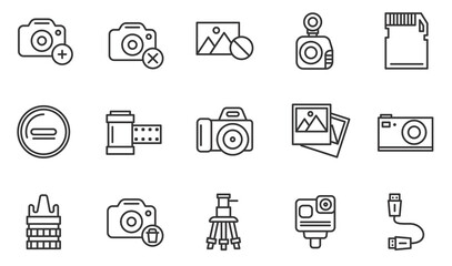 Photography linear icon set. Camera, photo, photographer, studio light, film cameras and photoshoot outline icon collection