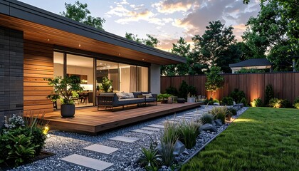Modern House Exterior with Deck and Landscaped Garden at Sunset