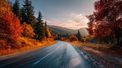 Obraz premium Road in autumn forest at sunset.