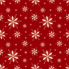 seamless Christmas pattern with snowflakes and stars on red background. Ideal for holiday wrapping paper, fabric, stationery, and seasonal decorations.