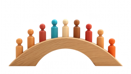 leadership community figure wooden unity concept. Colorful wooden figures on an arch-shaped structure.
