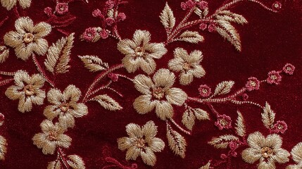 Burgundy Velvet Fabric with Gold Floral Embroidery