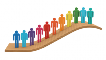 leadership community figure wooden unity concept. Colorful figurines on a curved path representing growth and diversity.