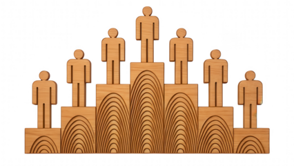 leadership community figure wooden unity concept. Individuals on podiums with flowing lines beneath.