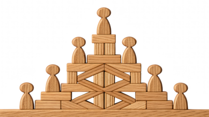 leadership community figure wooden unity concept. Wooden figures arranged in a playful pyramid structure.