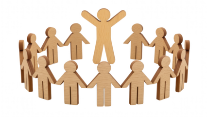 leadership community figure wooden unity concept. Group of wooden figures holding hands, symbolizing unity.