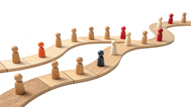 leadership community figure wooden unity concept. Wooden figurines on a winding pathway symbolize teamwork and collaboration.