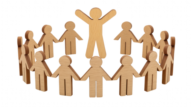 leadership community figure wooden unity concept. Group of wooden figures holding hands, symbolizing unity.