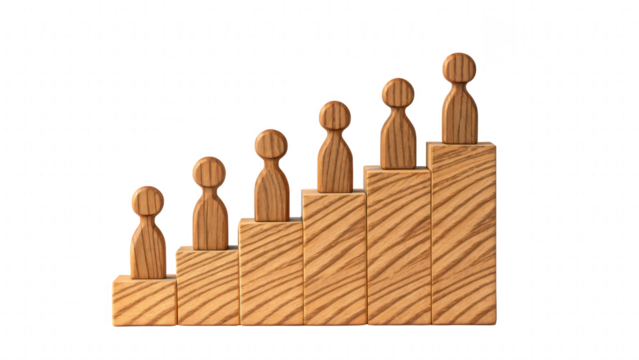 leadership community figure wooden unity concept. Stylized figures on a bar graph representing growth.