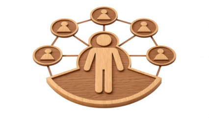 leadership community figure wooden unity concept. Human figure with connections to multiple people icons.