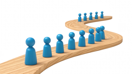 leadership community figure wooden unity concept. Blue figurines on a winding wooden path.