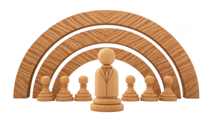 leadership community figure wooden unity concept. Stylized wooden chess pieces arranged in an arch formation.