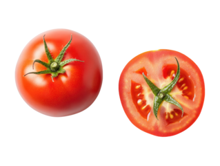 top view two fresh whole tomatoes and a half isolated on white background, with clipping path png